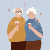 Grandparents celebrating winter holidays and wishing each other Merry Christmas and Happy New Year. Elder couple in love drinks pink champagne. Old people hug and smile. Flat vector illustration.