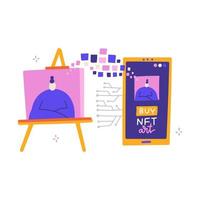 Conept of Masterpieces in Digital Cryptocurrency, Non Fungible Token . Transfering piece of Art to NFT in progress Futuristic Innovation Technologies in Cyber Space. Trendy flat Vector Illustration