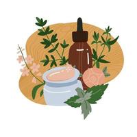 Composition of bottle with care products, face crean and serum. Different colorful jars with organic cosmetics isolated. Various tube decorated by branch with leaves and design elements. Flat vector