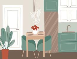 Trendy dining room interior in the apartment. Kitchen design with table, lights, chairs, fridge, vase, flowers, cupboards, cooking island and palm plant. Flat style vector illustration.