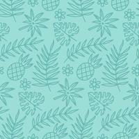 Abstract doodle seamless pattern with tropical foliage and pineapple. Wedding endless pattern in light mint color. Leaves in line art style. Vector flat illustration.