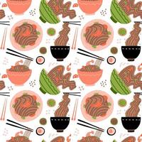 Wok with shrimps and soba noodles. Traditional asian food. Chinese, Japanese cuisine. Fast food takeout. Minimalistic flat design. Seamless pattern with noodles in bowls. vector