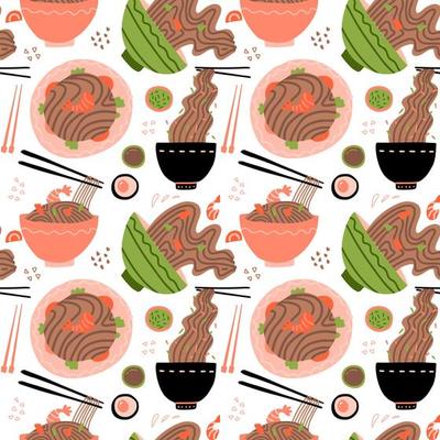 Wok with shrimps and soba noodles. Traditional asian food. Chinese, Japanese cuisine. Fast food takeout. Minimalistic flat design. Seamless pattern with noodles in bowls.
