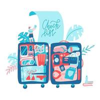 banner de viaje de planificación de vacaciones con maleta grande. concepto de billetes de transporte de ruta turística. bolsa de viaje con cosas de equipaje dentro. ilustración plana vectorial plana vector