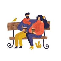 Couple sitting on bench in spring with coffee. Vector illustration in flat style for Valentine s day greeting card