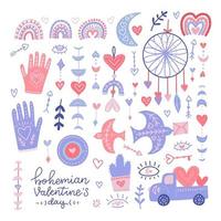 Set of bohemian Valentine s day hand drawn elements - birds , boho rainbow, heart, eye with heart, moon clipart isolated on white background. Flat vector illustration.