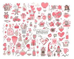 Huge Valentine set. Many various romantic objects. Saint Valentine s day big collection. Colored flat vector trendy illustration. All elements are isolated