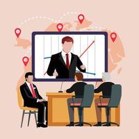 Business team at the video conference call in boardroom with Chief Executive Officer. Vector colorful illustration.
