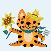 Cute cartoon striped tiger. A cat in a straw hat and a scarf. The animal is holding a rake and a sunflower. Kitten farmer. Vector isolated icon on white. Flat style. The symbol of 2022. Baby print.