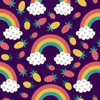 Seamless vector pattern with rainbow, clouds and strawberries. Cute cartoon elements on a dark purple background. Yellow and red berries. Bright rainbow. Summer backdrop in flat style.