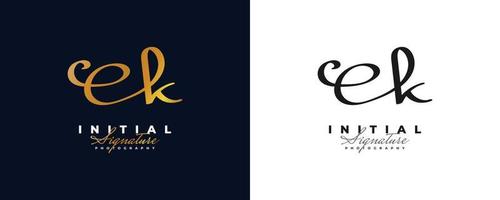 Initial E and K Logo Design with Elegant and Minimalist Gold Handwriting Style. EK Signature Logo or Symbol for Wedding, Fashion, Jewelry, Boutique, and Business Identity vector