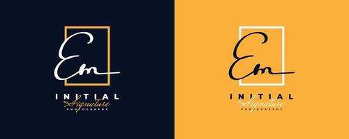 Initial E and M Logo Design with Frame in Elegant and Minimalist Handwriting Style. EM Signature Logo or Symbol for Wedding, Fashion, Jewelry, Boutique, and Business Identity vector
