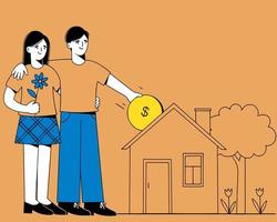 Family pays the loan to the Bank for the house in the mortgage. The man pays the mortgage payment for the house, in the hands of a gold coin vector