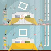 Bedroom before and after cleaning. Dirty room Interior with scattered Furniture and items. Bedroom interior with a bed, nightstands, wardrobe and large windows. Flat cartoon style vector illustration.