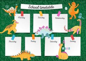 horario escolar en pizarra para cualquier planificación. horario de lecciones semanales en hojas de papel de cuaderno escolar sobre fondo de pizarra verde con bocetos de útiles escolares y personajes de dinosaurios dibujados vector
