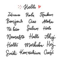 Set of word Hello in different languages. Linear hand drawn calligraphy. Vector illustration on white background. Elements for design. Hello label or logo.