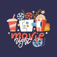 Cool vector web banner, design element on Movie Night event with lettering ,detailed retro motion picture film projector, admit one cinema theater tickets and popcorn. Cartoon flat Vector Illustration