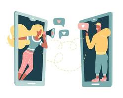 Phone conversation in distant relationship. Boyfriend and girlfriend talking on big phones, man woman characters. Couple in distant relationship. Quarantine social distance. Flat vector illustration