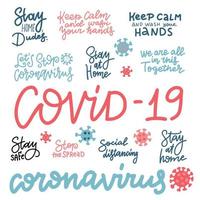 CoronaVirus linear lettering set. Vector flat illustration in line style. Stay home, Dudes. Stop virus. Don't panic. Social distance. Wash your hands. Stay safe