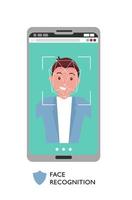 concepto de identificación facial. cara masculina en la pantalla grande del teléfono inteligente. reconocimiento de personalidad, celular moderno con sistema de seguridad. hombre sonriente con foco en su rostro. ilustración vectorial de dibujos animados plana. vector