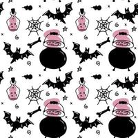 Vector Halloween seamless pattern. Black icons of potion in a flask, spider web, bat, cauldron. Design elements for halloween party poster. Flat simple illustration isolated on a white background.