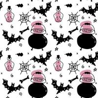 Vector Halloween seamless pattern. Black icons of potion in a flask, spider web, bat, cauldron. Design elements for halloween party poster. Flat simple illustration isolated on a white background.