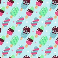 Cute summer hand drawn Seamless pattern with ice cream with popsicles on a blue background with stars. It can be used for packaging, wrapping paper, child textile vector