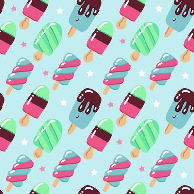 Cute summer hand drawn Seamless pattern with ice cream with popsicles on a blue background with stars. It can be used for packaging, wrapping paper, child textile