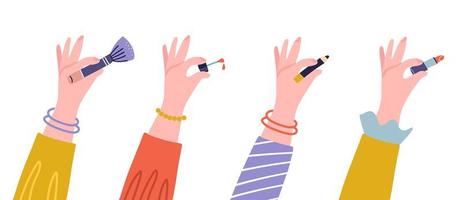 manos de mujer con accesorios cosméticos: pintalabios, lápiz de ojos, pincel y esmalte de uñas. ilustración plana de manos femeninas con herramientas cosméticas. vector aislado en elementos de diseño de fondo blanco.