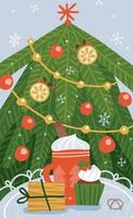 Image for Merry Christmas greeting card . Mug with hot drink with cream, cupcake and gift box in front of the Xmas tree. Flat vector illustration in the style of freehand drawing.