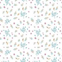 Hand drawn doodle leaves, brances and flower seamless pattern. Nature background. Spring wrapping paper. Vector outline illustration on white background.