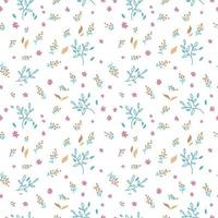 Hand drawn doodle leaves, brances and flower seamless pattern. Nature background. Spring wrapping paper. Vector outline illustration on white background.