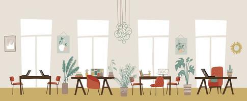 Trendy elegant co-working center interior. Modern workspace empty, no people. Cabinet with furniture office sketch. Horizontal background. Flat vector illustration.