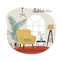 interior de la sala de estar con muebles. sillón moderno con mini mesa. elegante interior de apartamento con plantas de interior en estilo escandinavo. ilustración vectorial aislada dibujada a mano plana. vector