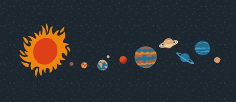 Solar system with sun orbits and planets on dark blue background. Hand drawn flat vector illustration