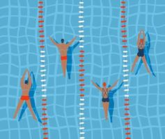 Swimmers are swimming in swimming pool, top view flat vector illustration.