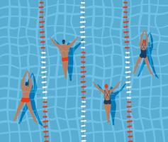 Swimmers are swimming in swimming pool, top view flat vector illustration.