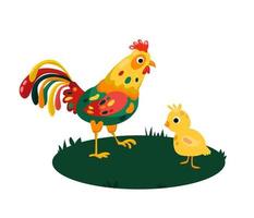 ilustración de un gallo y un pollo sobre un fondo blanco. ilustración infantil para un libro, postal. vector