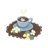 A cup of coffee. Coffee drink in the interior. Floral decor. Coffeetime. vector