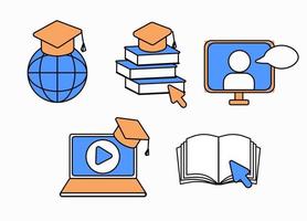 Online education icons. Notebook, globe, bookd snd graduation cap vector