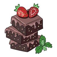 Brownie slices with chocolate cream. Chocolate pie. Decorated with strawberry and mint. vector