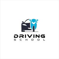 logotipo de la escuela de conducción vector automotriz con automóvil azul moderno y motocicleta
