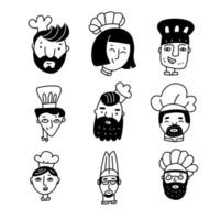 Set of chef cooks cartoon faces handdrawn in doodle style. Male and female characters in in a chef s hat. Simple vector illustration.