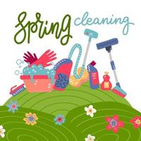 Spring cleaning square background with cleaning tools, equipment in flowering hills field. Flat hand drawn vector illustration for greeting card, ad, promotion, poster, flier, blog, article