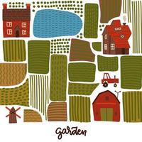 Garden, agriculture and farm square banner concept. Village landscape map with fields, lake, houses and trees, top view. Drawing for cover, poster or background. Vector flat illustration