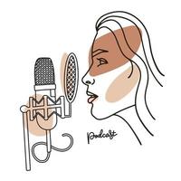 Radio host with professional mic flat vector illustration. Media hosting linear abstract drawing. Female podcaster profile speaking to microphone, broadcaster at workspace isolated character. Vector