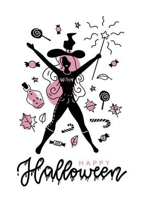 Young happy attractive witch holding a magic wand silhouette, for your Halloween advertise banner and card. Minimalistic trendy design with lettering. A4 size. Pink amd black