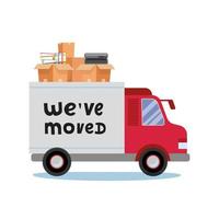 Moving truck and cardboard boxes. Moving Office stuff. Transport company. Trusk side veiw with lettering quote We ve moved. Vector cartoon style illustration