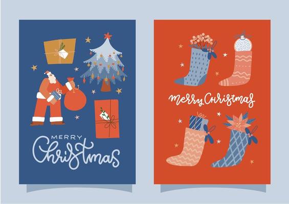Collection of Merry Christmas congratulation cards with Santa Claus character, xmas stocking full of gifts. Vector flat cartoon illustration with lettering text