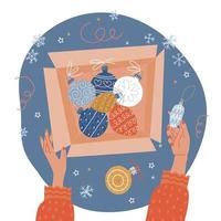 Christmas preparation - opening old cardboard box with vintage xmas tree balls. Top view concept with two female hands holding baubles. Vector flat hand drawn illustration